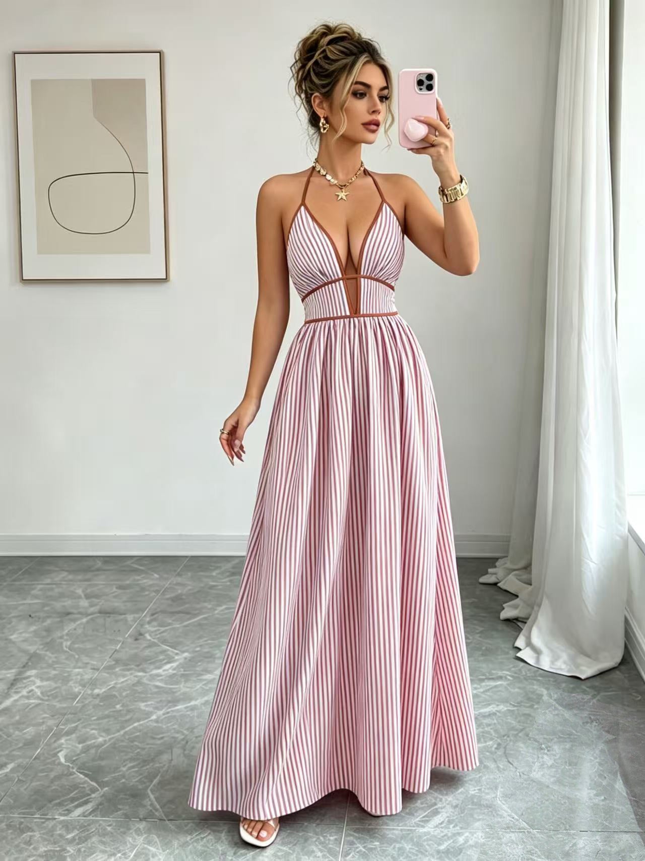 Casual Sleeveless Halter Fitted Waist Striped Color Matching Long Maxi Dress Bella Mia