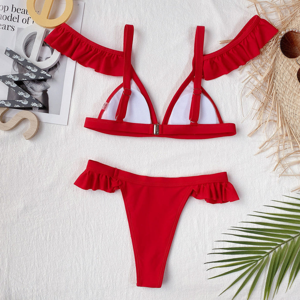 Outer Single Swimsuit Solid Color Lotus Sleeve Women Seperated Swimwear Swimsuit Bella Mia