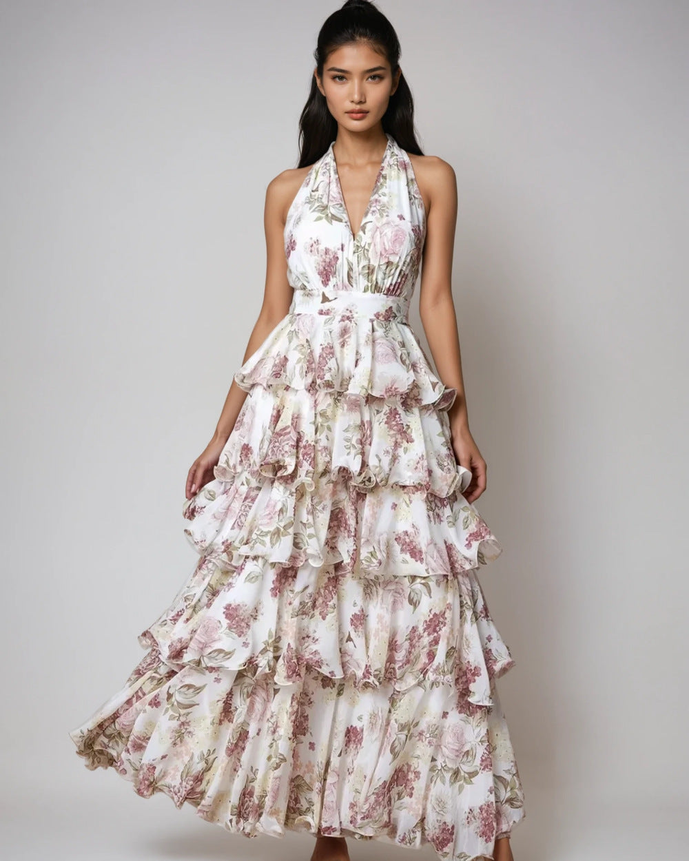 Spring Women Clothing Dress Sexy V neck Sling Multi Layer Printing Dress Bella Mia