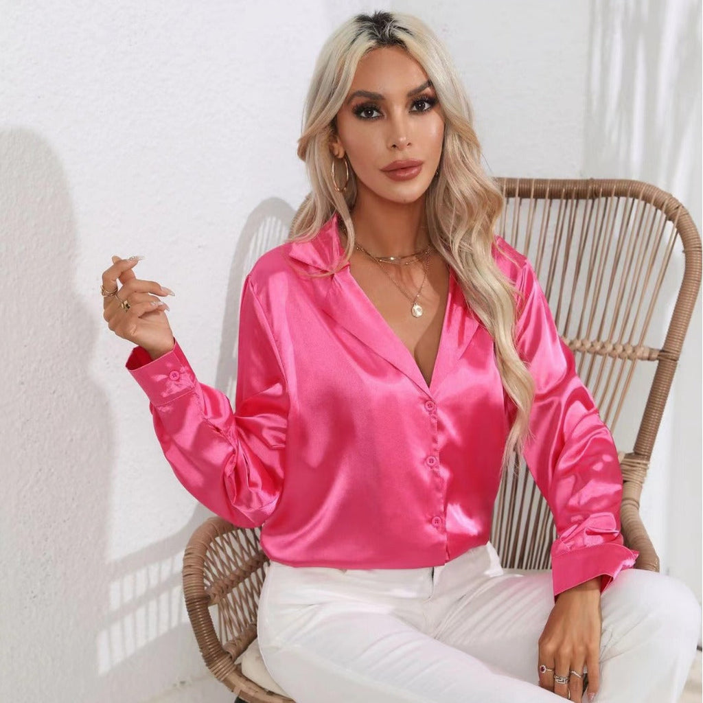 Popular Real Collar Satin Shirt Women Satin Artificial Silk Long Sleeve Shirt Women Clothing Bella Mia