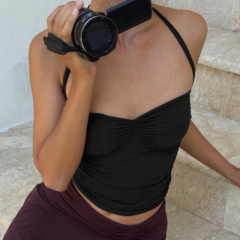 Women Sexy Tube Top off Neck Halter Tied Slim Fit Pleated Vest Bella Mia