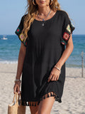 Women Beach Cover up Random Mixed Color Crochet Stitching Tassel Dress Bikini