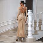 Round Neck Backless Champagne Party Back Lace up Slim Fit Sheath Maxi Dress Bella Mia