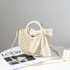 Crossbody Small Bag for Women Lace Bow Hand Woven Bag Shoulder Portable Crossbody Straw Woven Bag Bella Mia