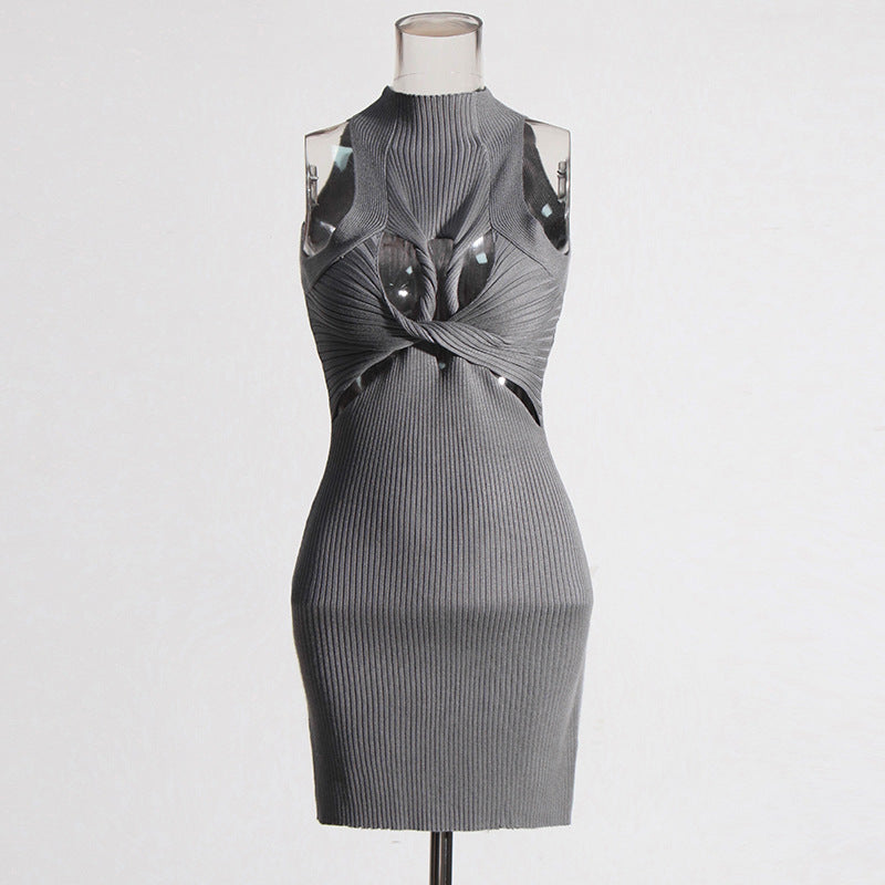 Sexy Sleeveless Elegant Design Hollow Out Cutout Twist Slim Fit Slimming Knitted Dress Women