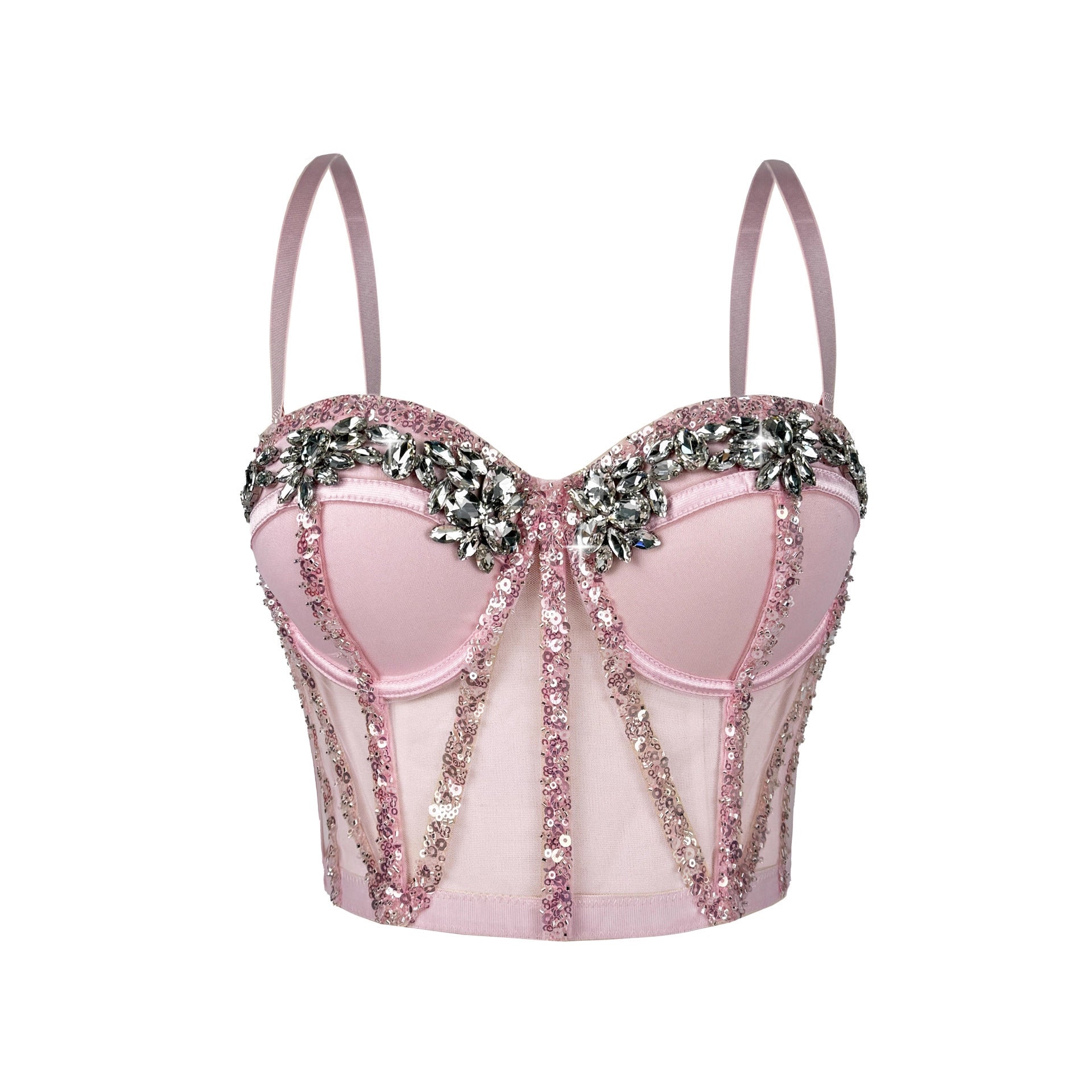 Rhinestone Mesh Boning Corset Bra Semi-Transparent Sexy Slimming Sling Bandeau Slim Fit Rhinestone Boning Corset Top Stage Bella Mia