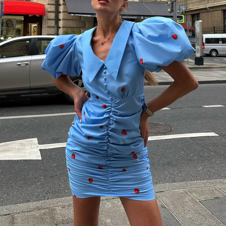 Summer Printed Short Dress Women Clothing Collared Puff Sleeve Pleated Hip Bella Mia