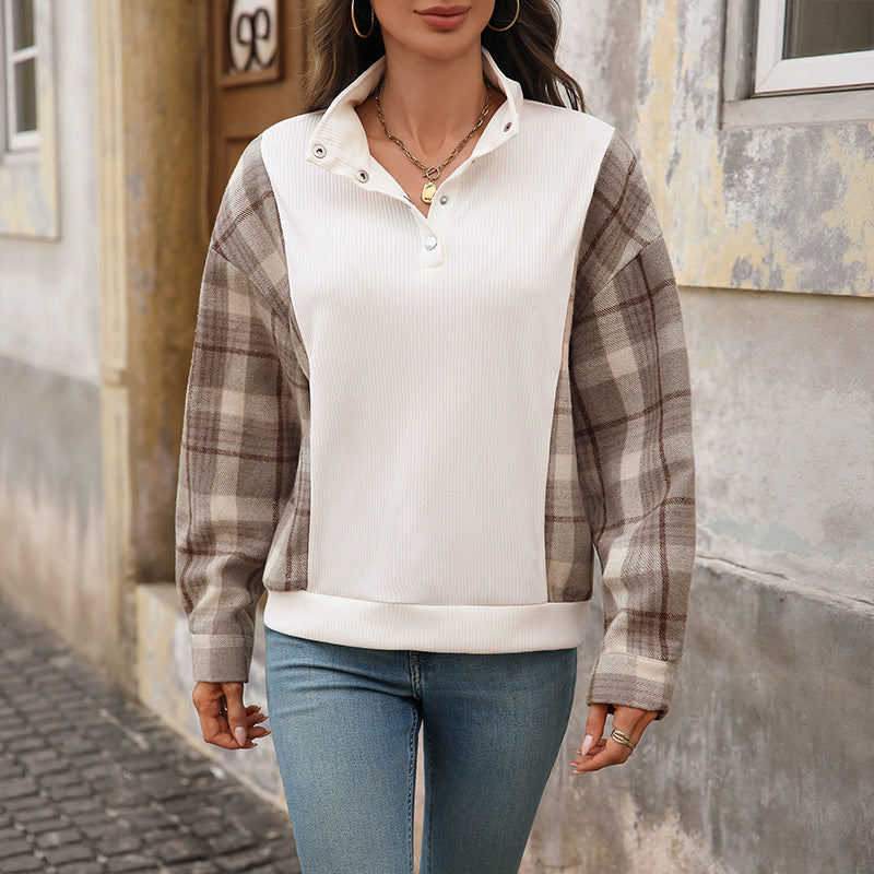 Autumn Winter Casual Retro Half Open Collar Plaid Stitching Loose Sweater Bella Mia