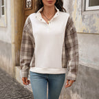 Autumn Winter Casual Retro Half Open Collar Plaid Stitching Loose Sweater Bella Mia