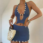 Women Clothing Spring Knitted Sexy Beaded Slim Sheath Halter Lace up Hollow Out Cutout Dress Women Bella Mia