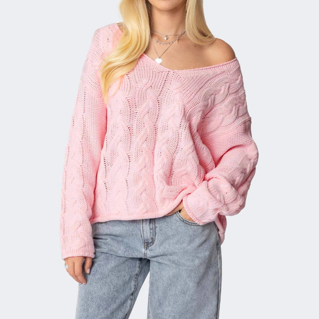 Autumn Solid Color Loose Lazy V neck Twist Knitted Pullover Sweater Women Top Bella Mia