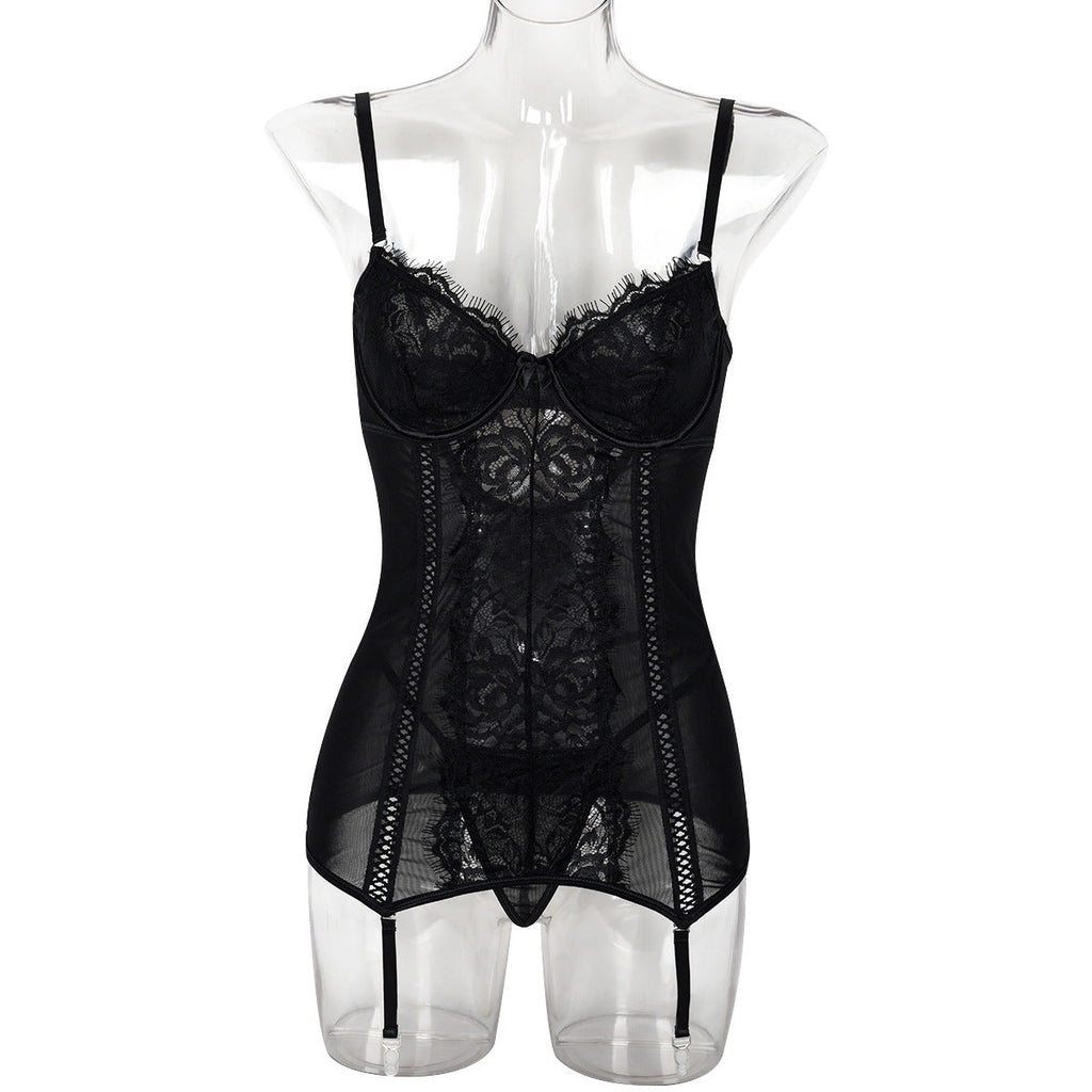 Women Lace Eyelash Stitched Backless Sexy Women T Back Set Bella Mia
