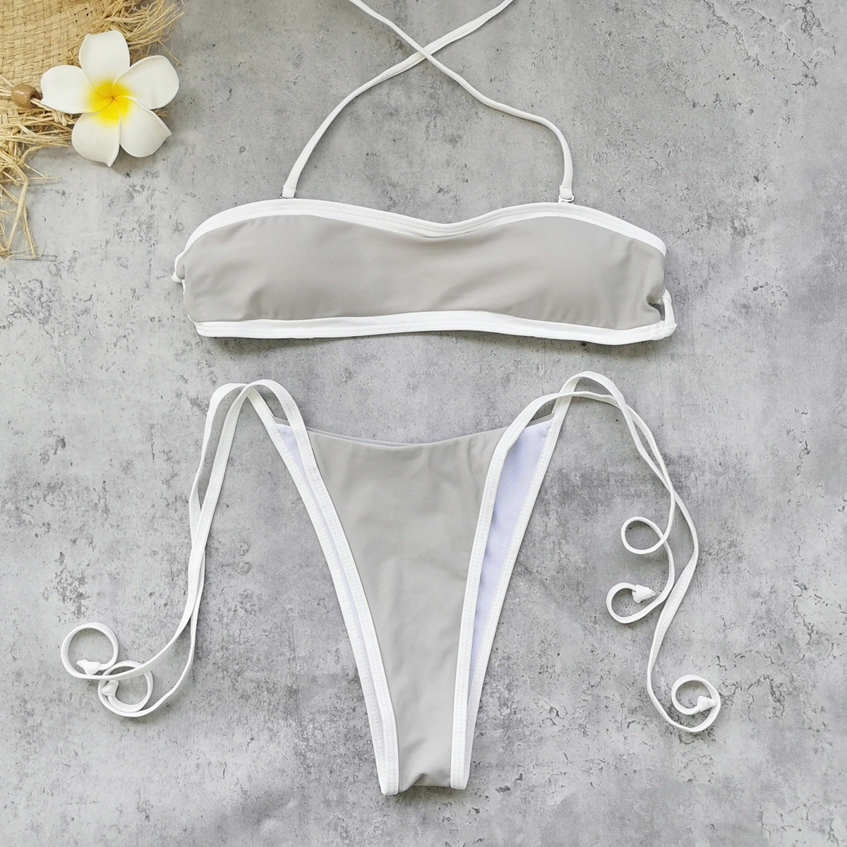 Halter Strap Solid Color Tube Top Low Waist Bikini Sexy Backless Briefs Split Swimsuit Women