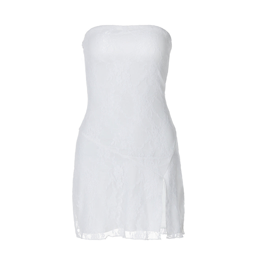 Women Tube Top Stitching Lace Slim Sexy Slit Short Dress Bella Mia