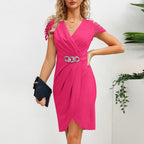 Summer V-neck Pleated Waist Tight V neck Short Sleeve Dress Sexy Elegant Show Dress Women Clothes Bella Mia
