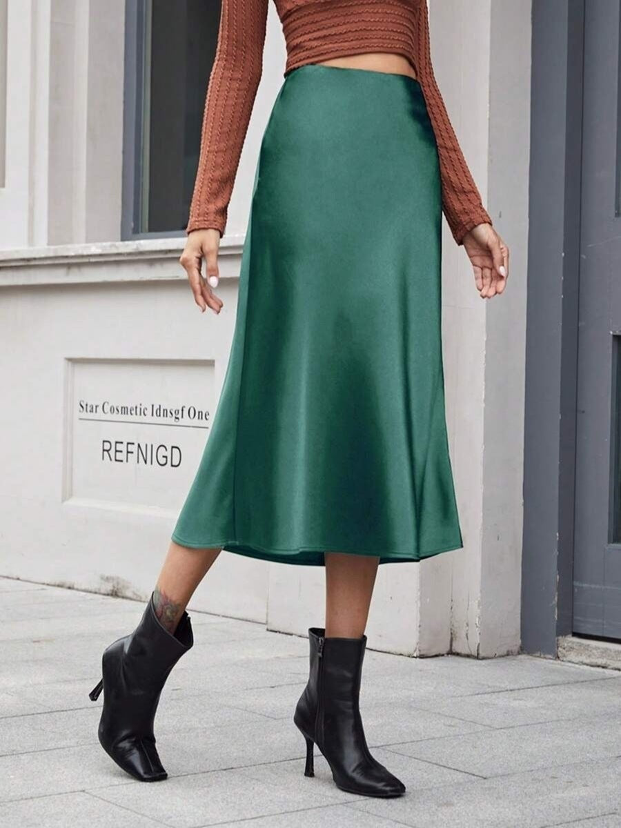 High Waist Satin Skirt Autumn Winter Women Midi Skirt Zipper Satin Skirt Bella Mia