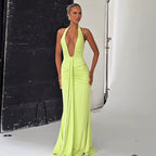 Spring Summer Women Elegant Sexy Deep V Plunge neck Halter Slim Pleated Dress Women Bella Mia