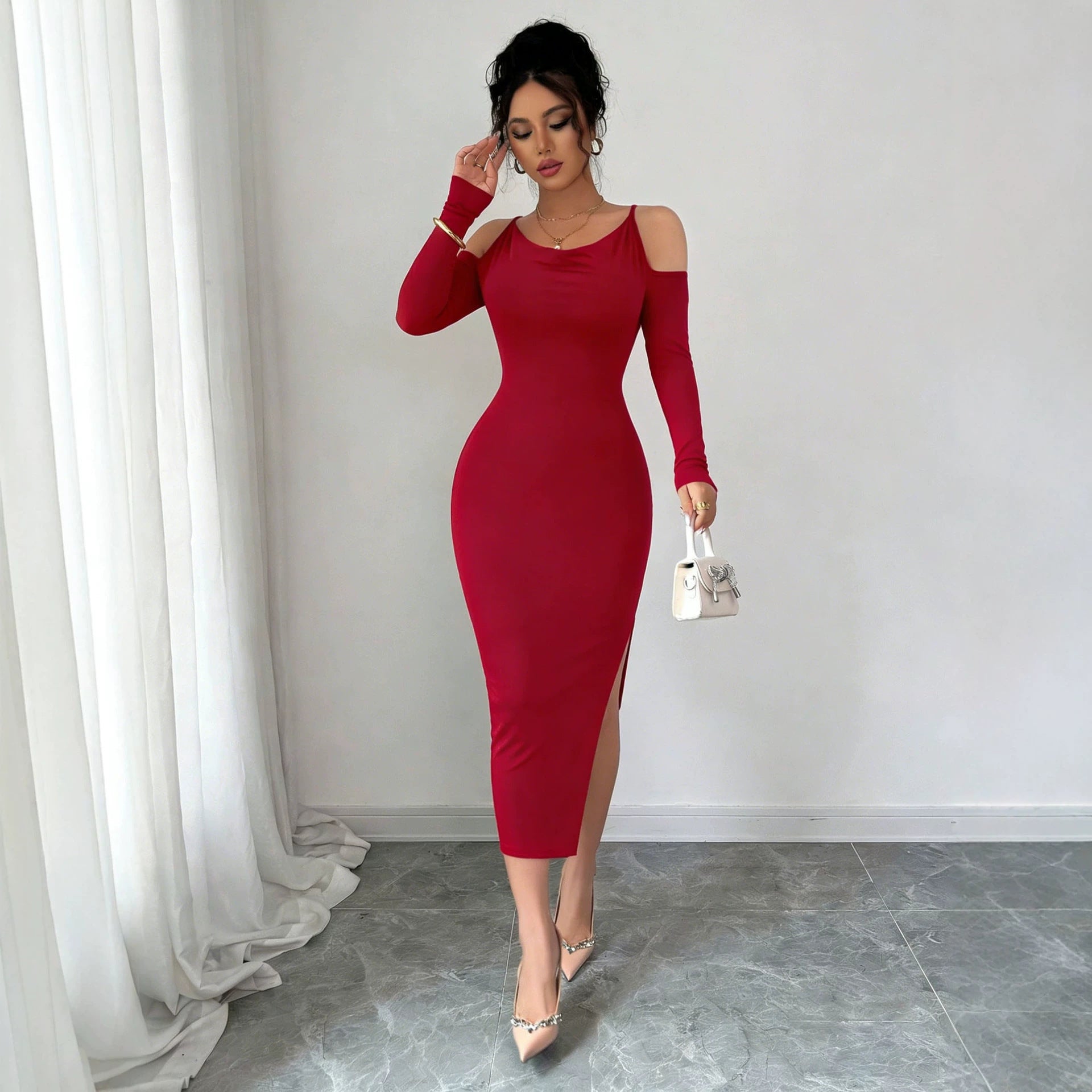 Cross Border Off Shoulder Dress Slimming Slit Bodycon Long Sleeve Formal Mid Length Dress For Banquets