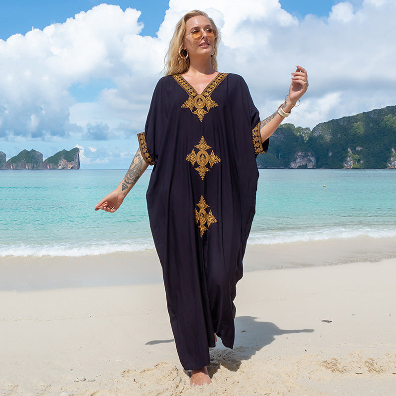 Blue Embroidered Vacation Robe Loose Seaside Beach Dress Sun Protection Clothing Bikini Swimsuit Blouse Bella Mia