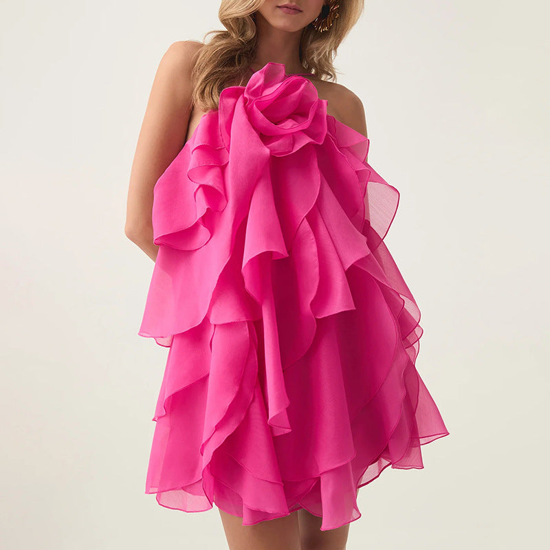 Elegant Sexy High Grade Short Dress Early Spring Halter Three Dimensional Floral Design Lace up Sleeveless Dress Bella Mia