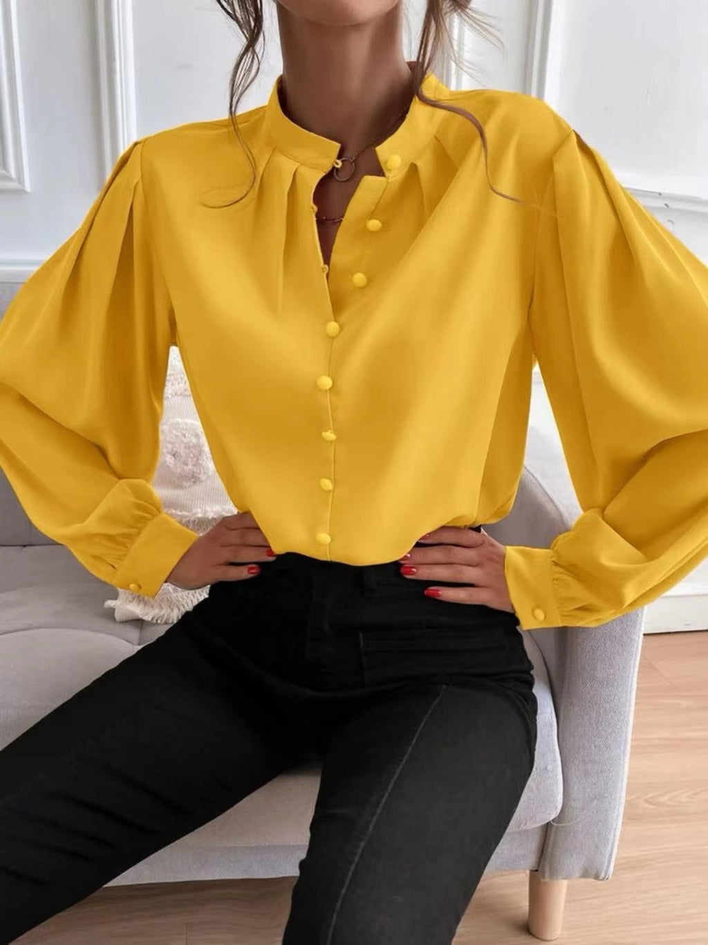 Women Shirt Autumn Elegant Solid Color Collared Long Sleeve Single Row Button Loose Women Top Bella Mia
