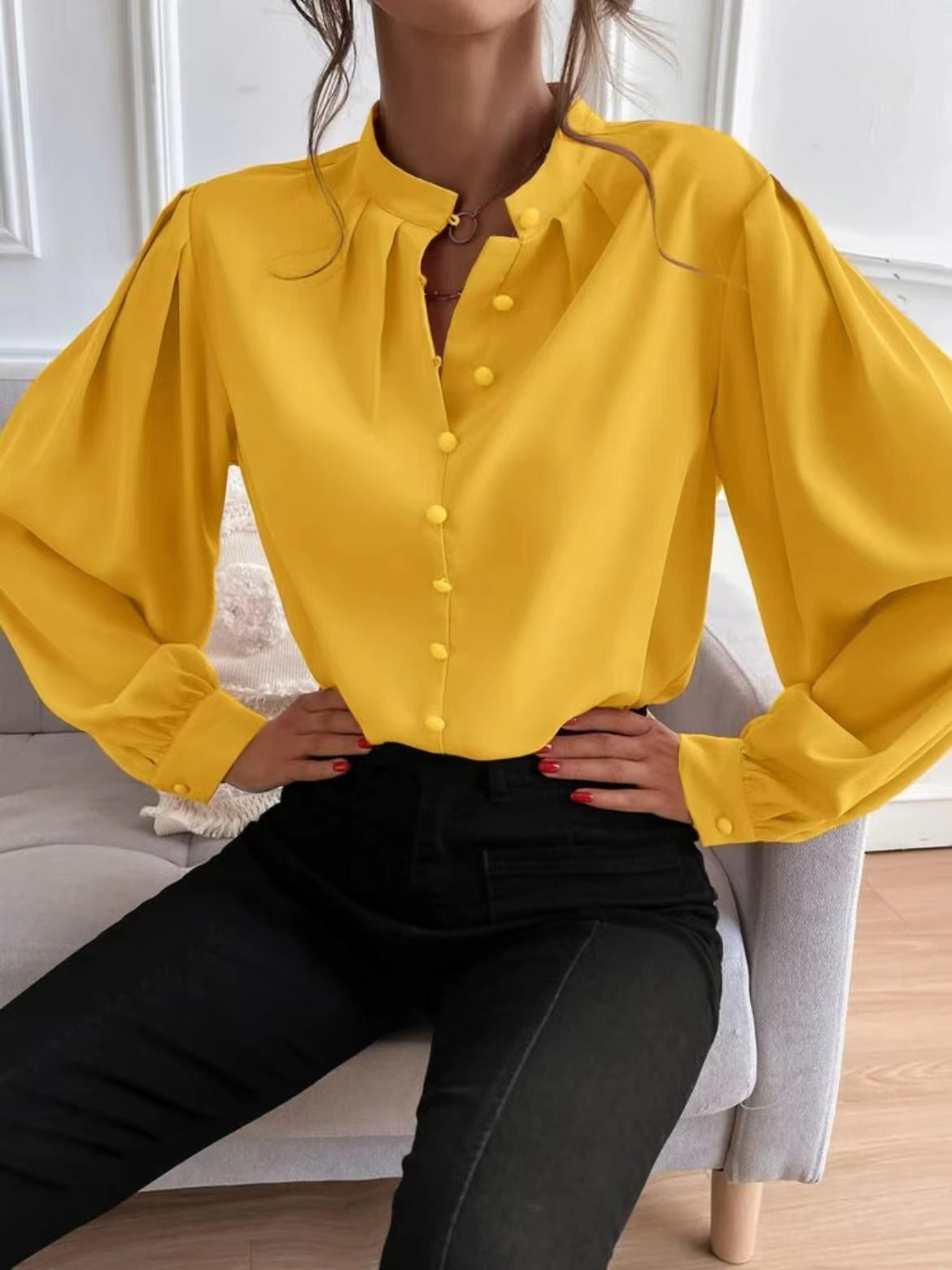 Women Shirt Autumn Elegant Solid Color Collared Long Sleeve Single Row Button Loose Women Top Bella Mia
