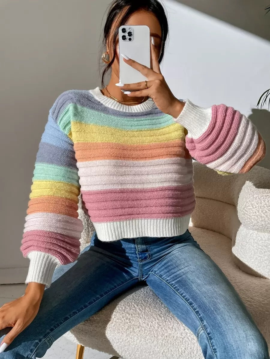 Autumn Winter Elegant Elegant Spliced Sweater Rainbow Striped Lantern Sleeve Knitted Pullover Bella Mia