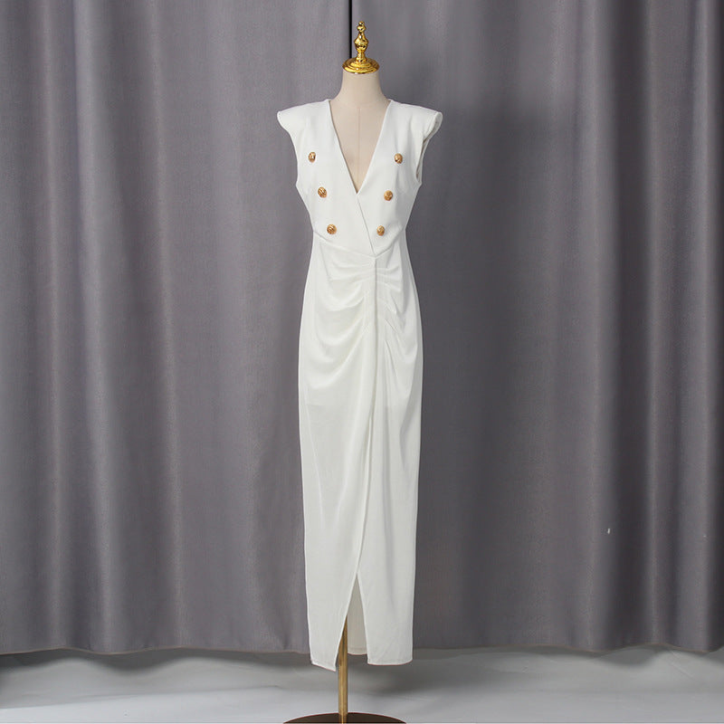 Spring V neck Sleeveless Design Split Dress Tight Waist Slimming Metal Decorative Dress Women Bella Mia