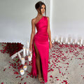 One Shoulder Pleated Split Sexy Satin Dress Summer Popular Slim Fit Solid Color Dress