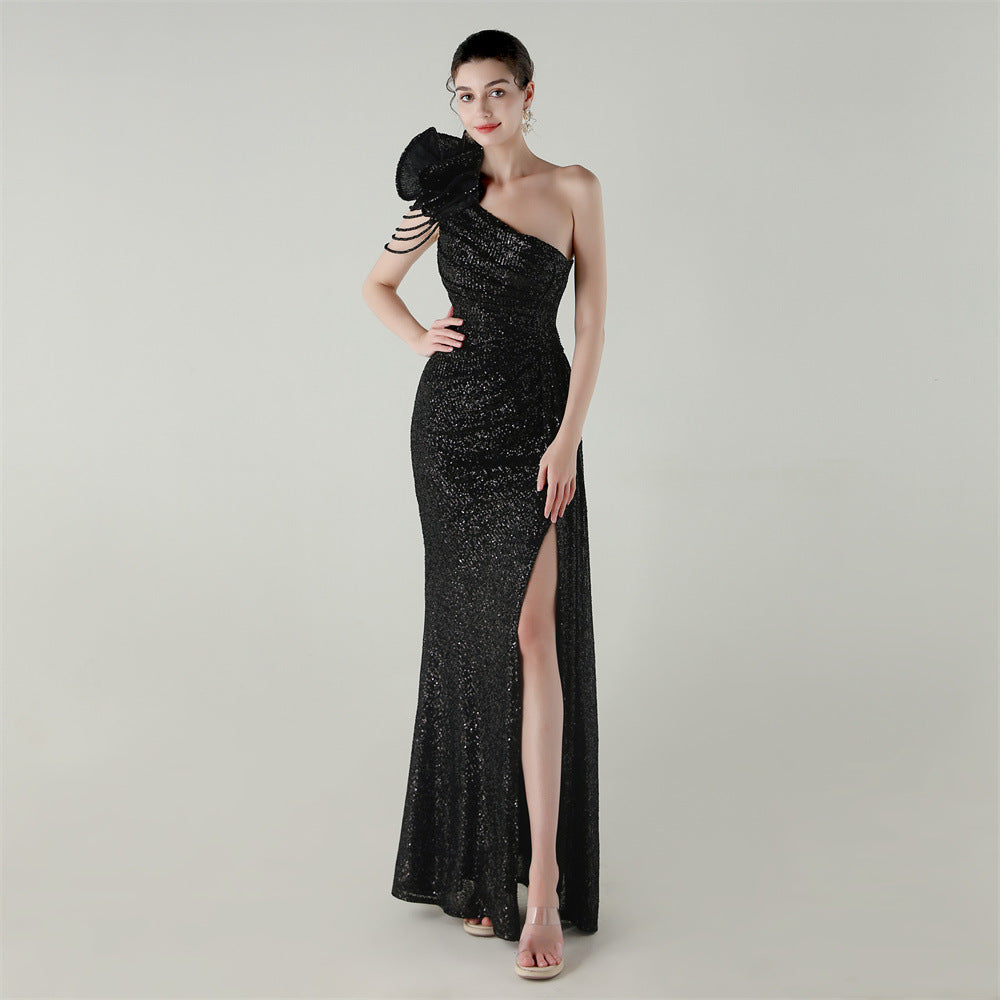 Craft Floral Beaded One Shoulder Diagonal Collar Fishtail Evening Dress Dinner Wedding Awards Ceremony Social Dress Bella Mia