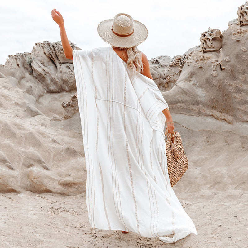 Artificial Cotton Irregular Asymmetric Striped Cardigan Seaside Vacation Sun Protection Shirt Beach Bikini Cover Swimsuit Outwear Bella Mia