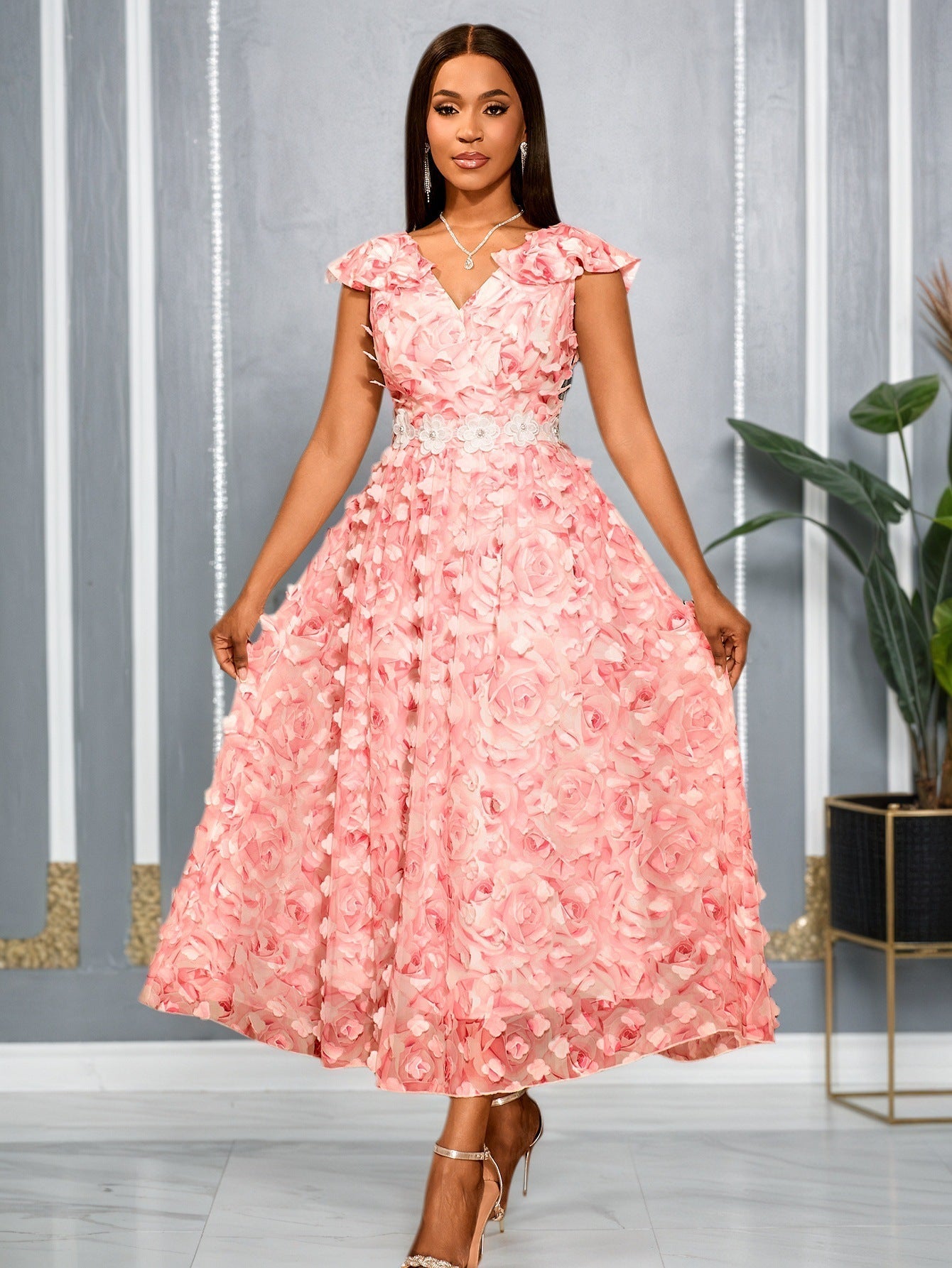 Women Clothing V neck Flounce Short Sleeved Dress Rose Three Dimensional Floral Waist a Swing Cocktail Elegant Dress Bella Mia
