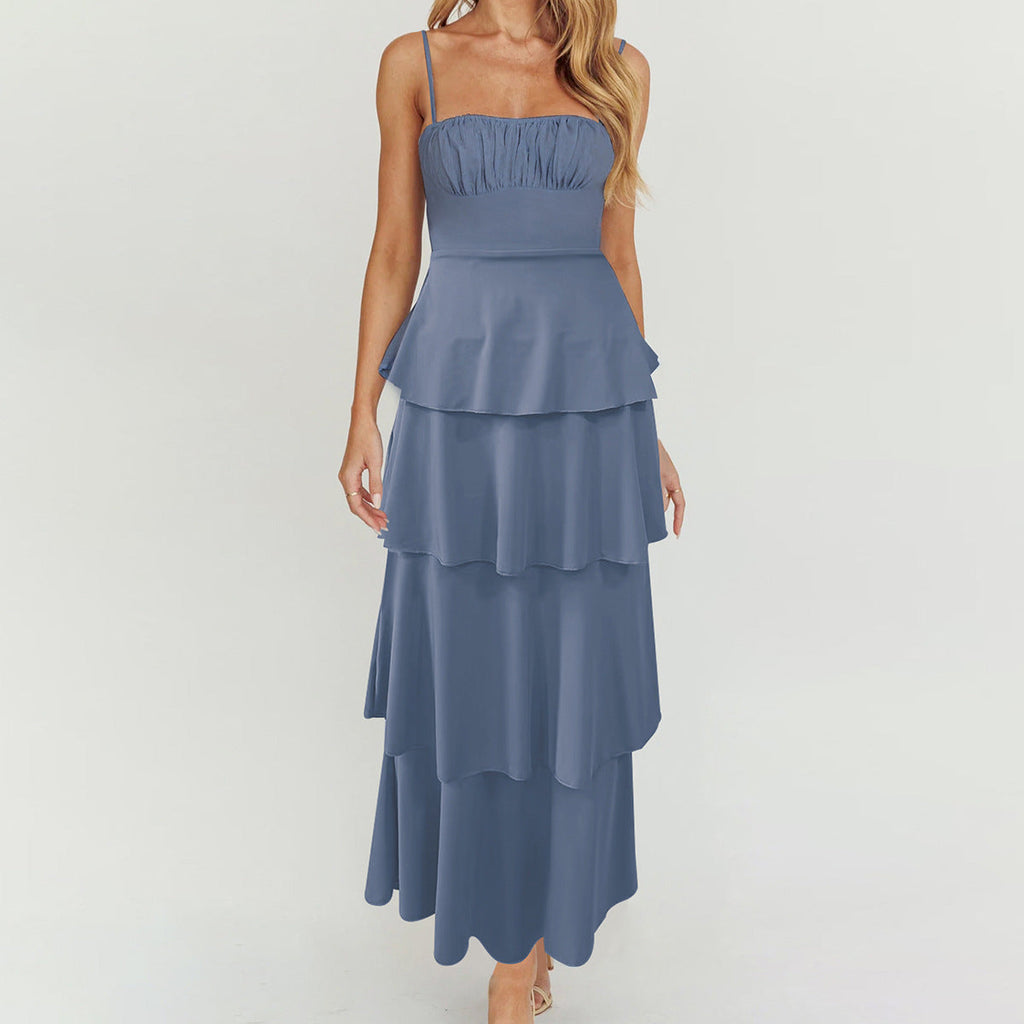 Sexy Backless Suspender Layered Dress Pleated Lace up Slim Fit Dress Bella Mia