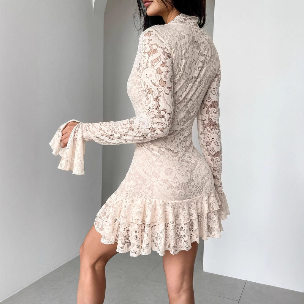 Autumn Winter Lace V neck Double Layer Ruffled Slim Fit Sheath Dress Bella Mia