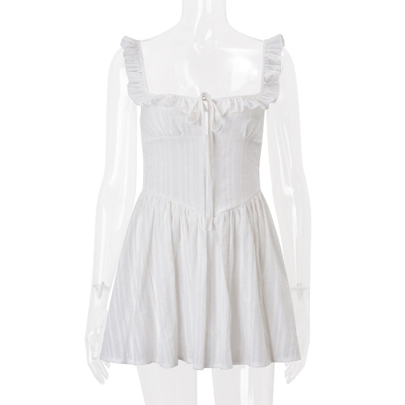 Women Clothing Summer French Sexy Square Collar Waist Controlled Sling Dress Bella Mia