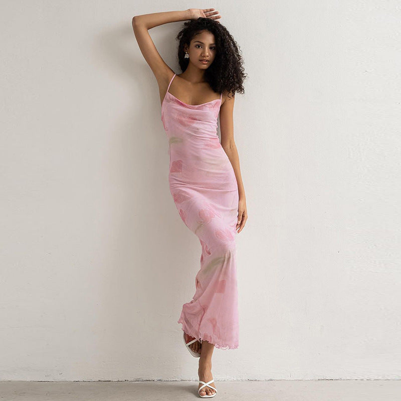 Women Clothing Summer Sexy Sweet Spicy off Neck Mesh Floral Print Long Sling Dress Bella Mia
