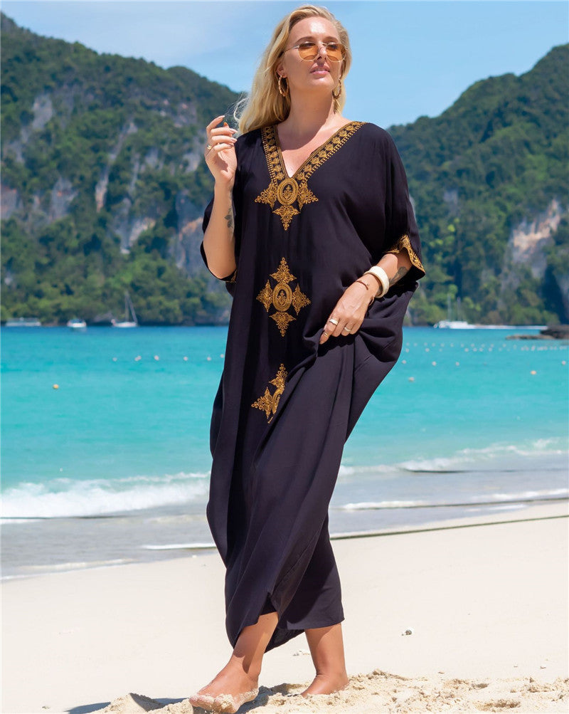 Rayon Gold Thread Embroidery Beach Cover up Sexy Loose Embroidery Vacation Skirt Beach Cover Up Bella Mia