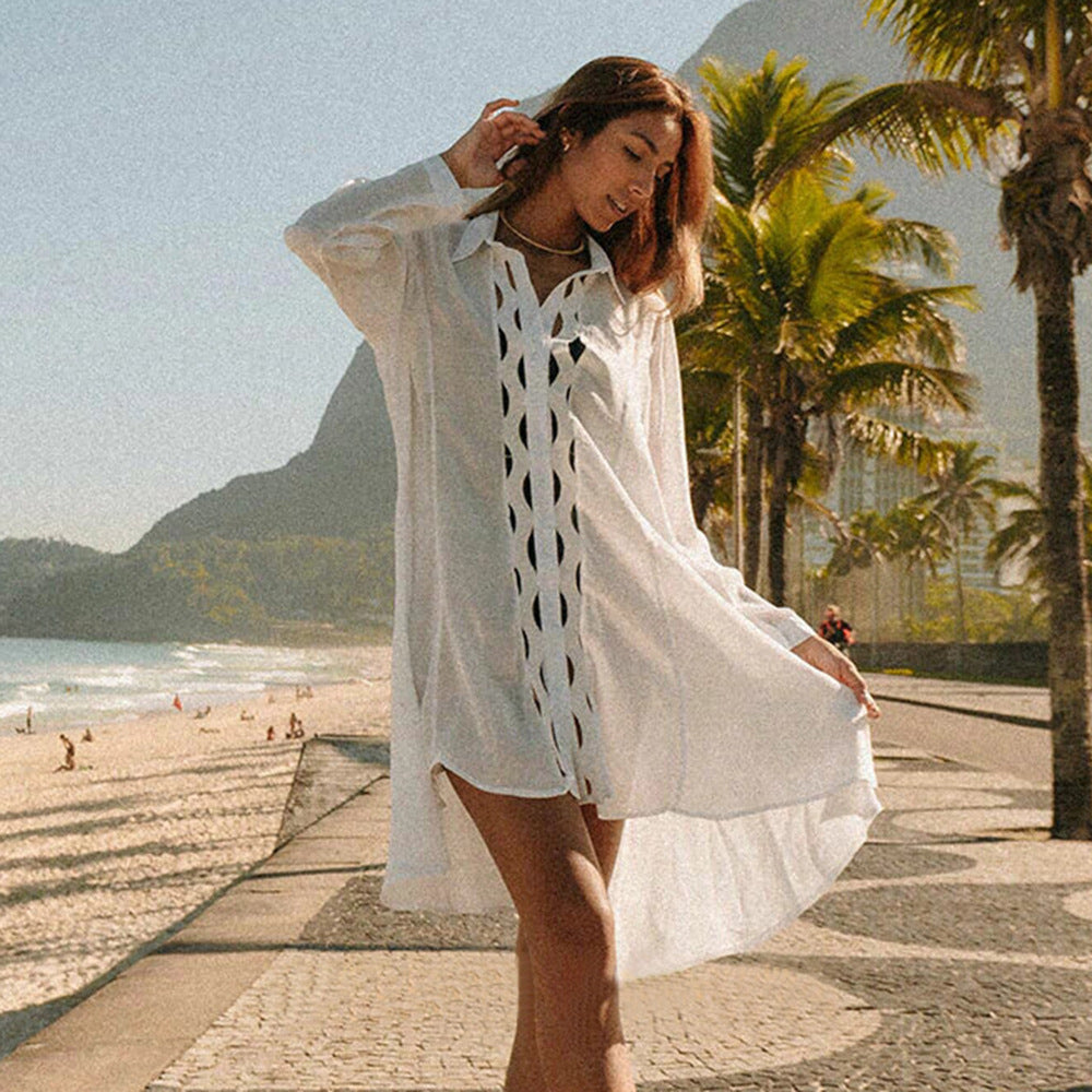 Slub Cotton Patchwork Edge Shirt Sun Protection Cardigan Vacation Beach Coat Bikini Cover up Blouse Bella Mia