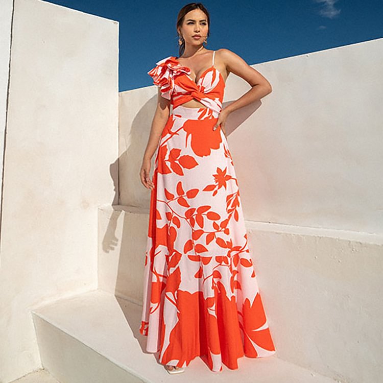 One Shoulder Ruffled Hollow Out Cutout Printed One Piece Swimsuit Women Skirt Bella Mia