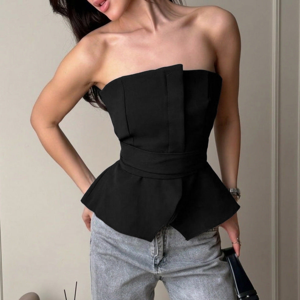 Summer Slim Fit Tied Waist Tube Top Fashionable with Side Slit Vest Women Clothing Bella Mia