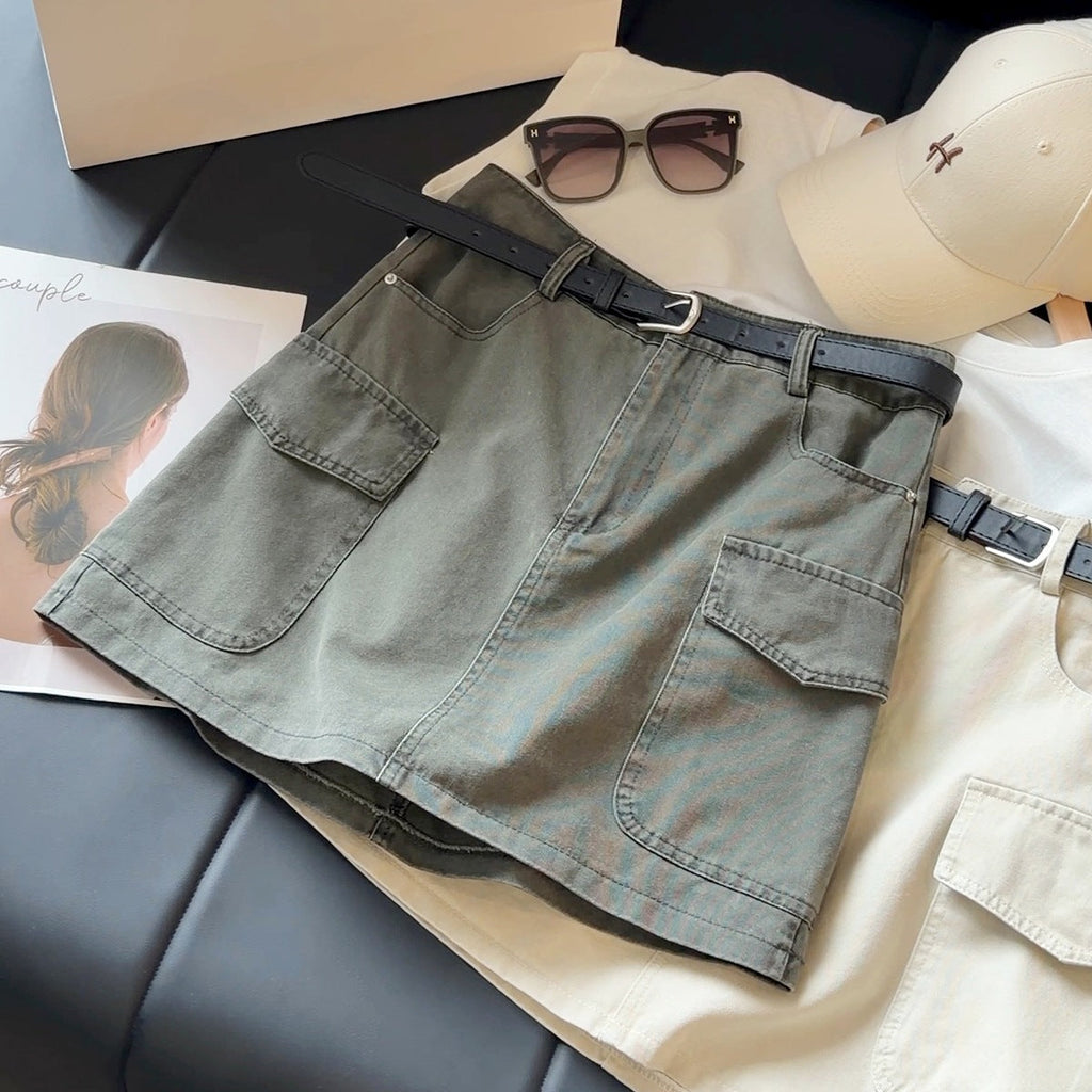 Workwear Denim Skirt Women Summer High Waist Slimming Multi Pocket Anti Exposure A line Skirt (No belt)