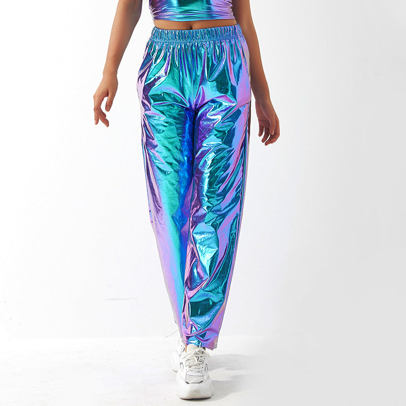 Metallic Coated Fabric Casual Pants Women High Street Design Aurora Laser Gradient High Waist Straight Pants All Matching Elastic Mop Pants Bella Mia