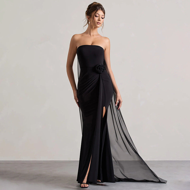 Women Clothing Summer Elegant Solid Color Tube Top Hip Wrapped Trailing Dress Women Bella Mia