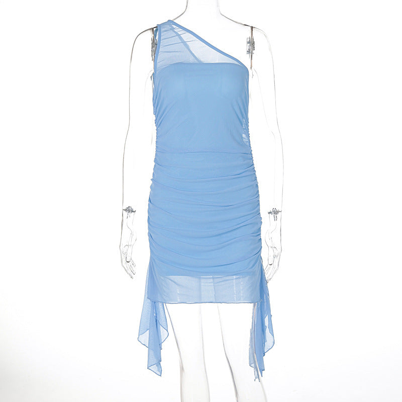 Summer Slant Shoulder Gauzy Package Hip Sexy Slim Sleeveless Dress Women Clothing Bella Mia