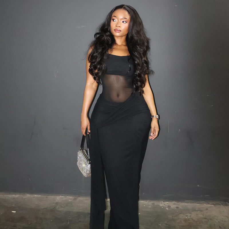 Women Clothing Solid Color Design Slightly Revealed Cropped Hip round Neck Slim Street Maxi Dress