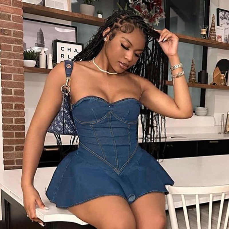 Summer Sheath A Line Sexy Tube Top Imitation Denim Dress Women Bella Mia