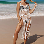 Beach Vacation Sexy Hand Crocheting Woven Hollowed Tassel Beach Mid Length Dress Bikini Smock Dress Bella Mia