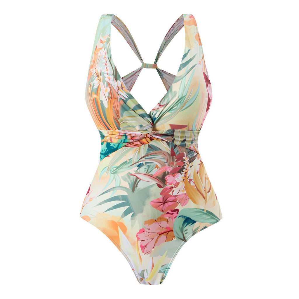 One Piece Swimsuit Women Conservatively Thin Vintage Printed Hard Bag Swimsuit with Steel Bracket Tulle Skirt Bella Mia