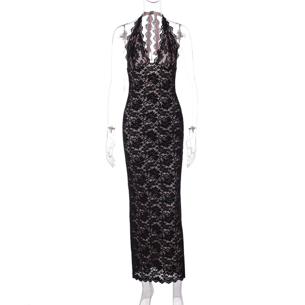 Women Clothing Summer Sexy V neck Lace Backless Slit Lace up Dress Bella Mia