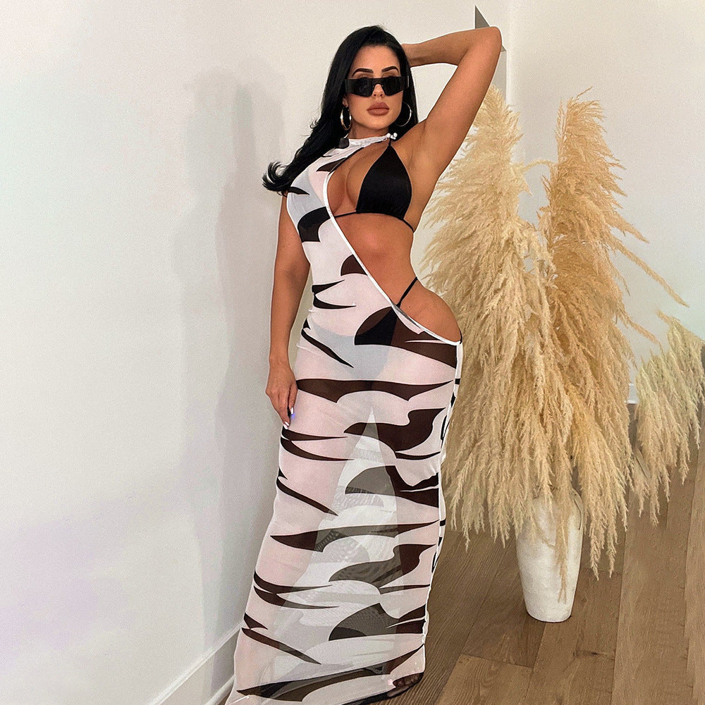 Women Clothing Summer Digital Printing Irregular Asymmetric Mesh Dress Bikini Three Piece Set Bella Mia